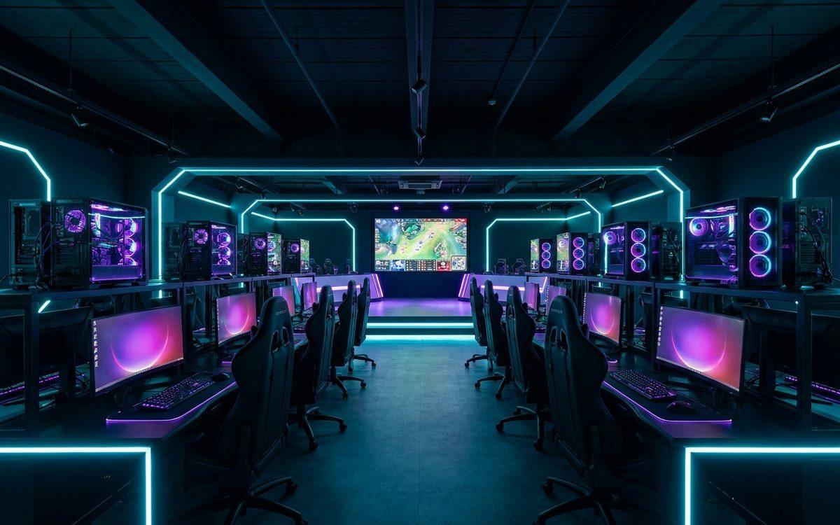 Neon-lit gaming stations inside a partner cafe